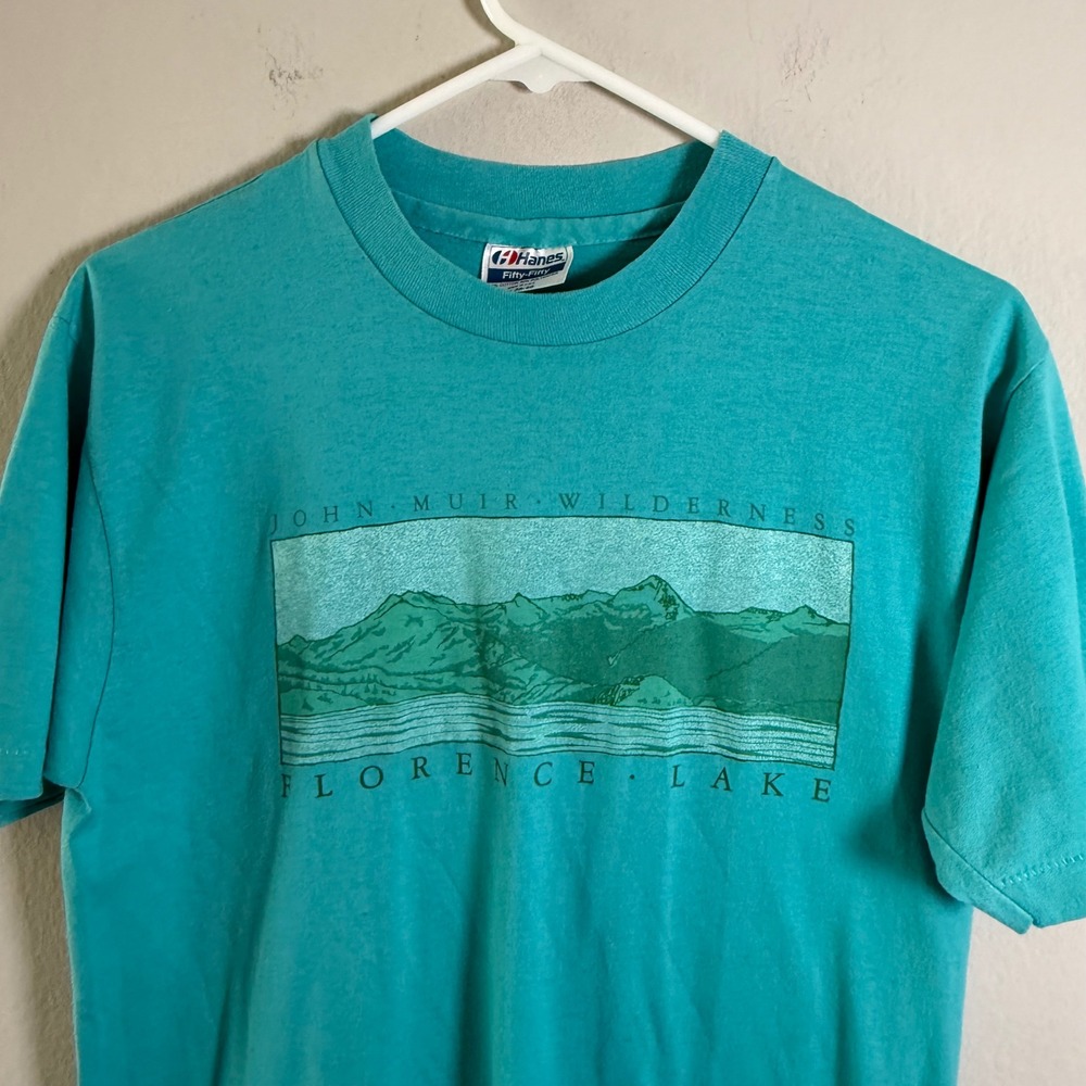 Vintage Hanes John Muir Wilderness Florence Lake Teal Graphic T-Shirt Mens M - Picture 2 of 7